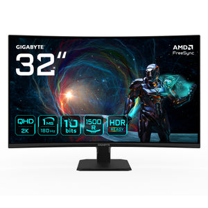 GIGABYTE GS32QCA 31,5" QHD Curved Gaming Monitor - 2560 x 1440, 180Hz, 1ms, 250 cd/m², FreeSync, HDR Ready, HDMI 2.0, Di