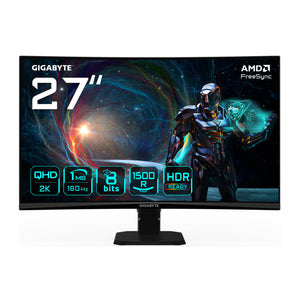 GIGABYTE GS27QCA 27" QHD Gebogener Gaming-Monitor – 2560 x 1440, 180Hz, 1ms, 250 cd/m², FreeSync, HDR Ready, HDMI 2.0, D