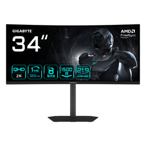 GIGABYTE GS34WQCA 34" WQHD Curved Gaming-Monitor – 3440 x 1440, 1500R, 120Hz, 1ms, 300 cd/m², FreeSync Premium, HDR Read