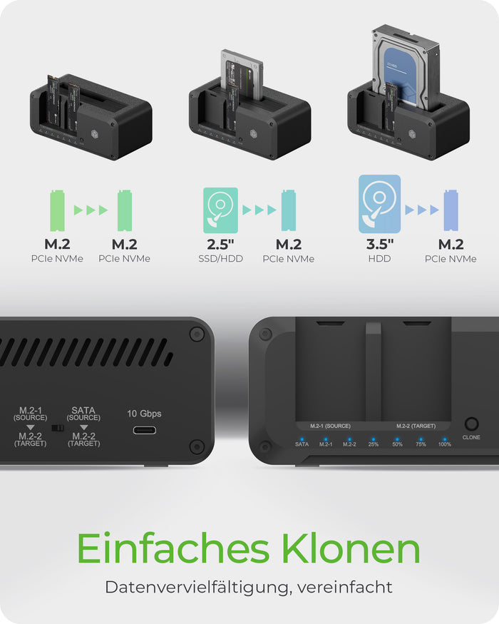 ICY BOX IB-2924MSCL-C31, Docking & CloneStation, klont 1x 2,5"/3,5" zu 1x M.2 NVMe & M.2 NVMe zu M.2 NVMe, erkennt 3x La