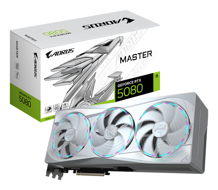 GIGABYTE AORUS GeForce RTX 5080 MASTER ICE 16G Grafikkarte - 16GB GDDR7, 256 Bit, PCI-E 5.0, 2805MHz Core Clock, 3 x DP 