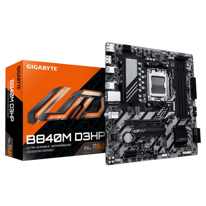 GIGABYTE B840M D3HP Mainboard – AMD Ryzen 9000 CPUs, 8+2+2-Phasen-VRM, bis zu 8200 MHz DDR5 (O.C.), 2× PCIe-4.0-M.2, 1-G