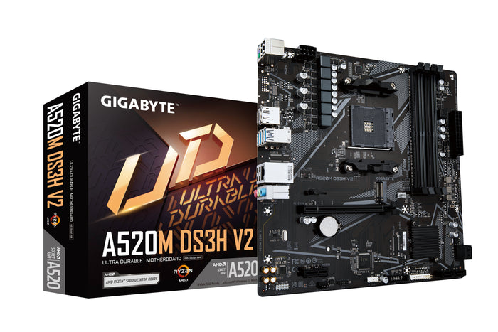 GIGABYTE A520M DS3H V2 Mainboard - Unterstützt AMD Ryzen 5000 Serie AM4 CPUs, bis zu 4733 MHz DDR4 (OC), PCIe 3.0 x16, G