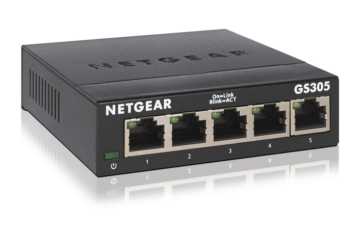 NETGEAR GS305 Switch 5 Port Gigabit Ethernet LAN Switch (Plug-and-Play Netzwerk Switch, LAN Verteiler, Hub energieffizient, lüfterlos, robustes Metallgehäuse)