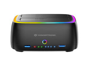 Conceptronic DONN36B Dual-Bay RGB Festplatten-Dockingstation für 2,5"/3,5" HDD/SSD, 2 × USB-A, SD/TF-Kartenleser, UASP