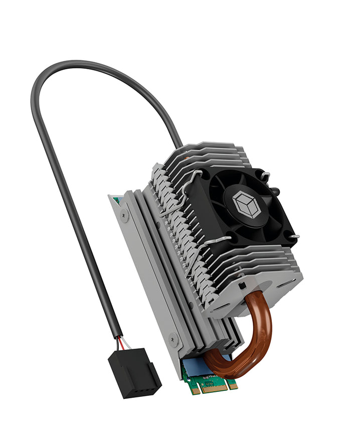 ICY BOX IB-M2HSF-705, M.2 Kühler mit Heatpipe und 30 mm Lüfter,Aluminium, Für M.2 SSDs max. 2280, silber