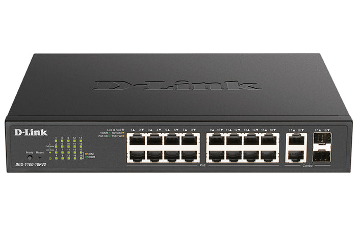 D-Link DGS-1100-18PV2 Netzwerk-Switch Managed L2 Gigabit Ethernet (10/100/1000) Power over Ethernet (PoE) 1U Schwarz