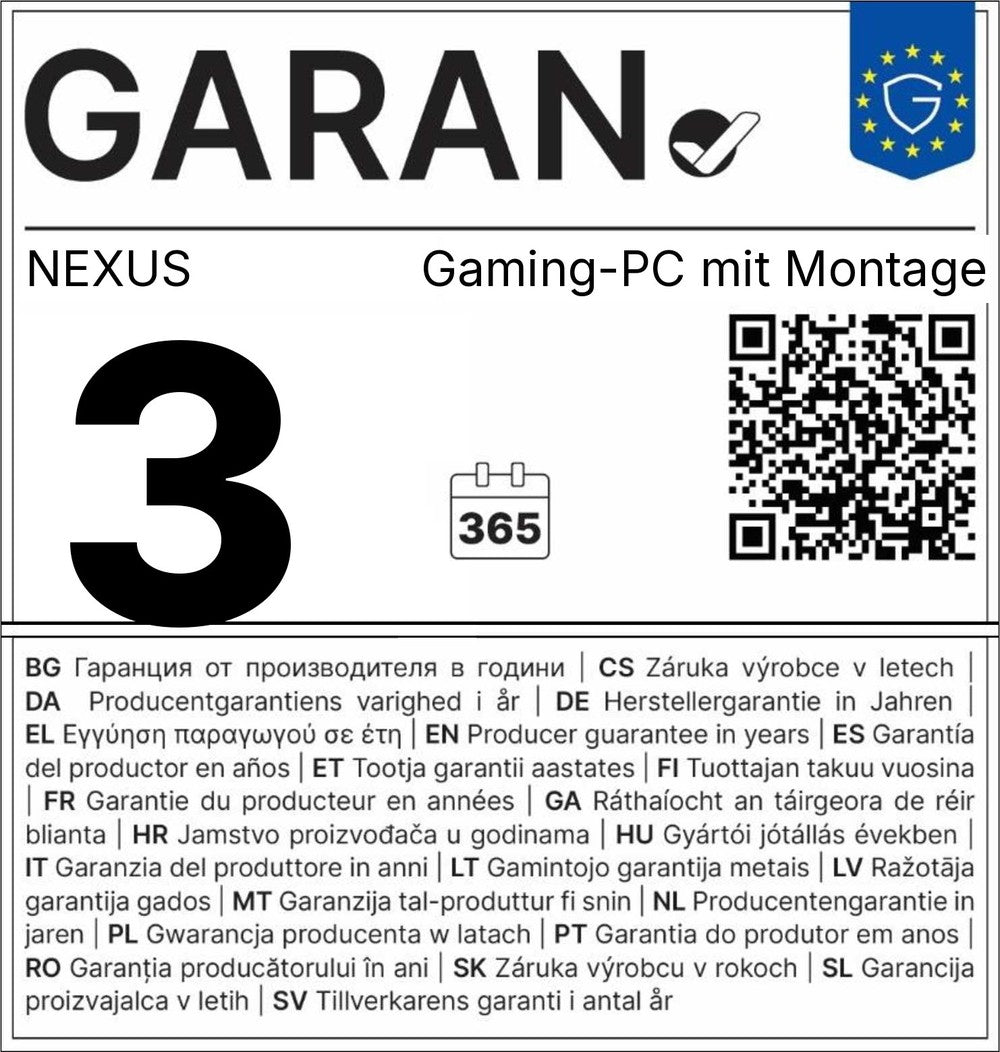 GARAN-Garantielabel: NEXUS gew&auml;hrt auf den Gaming-PC mit Montage eine gewerbliche Haltbarkeitsgarantie von 3 Jahren. Die gesetzliche Gew&auml;hrleistung bleibt unber&uuml;hrt.
